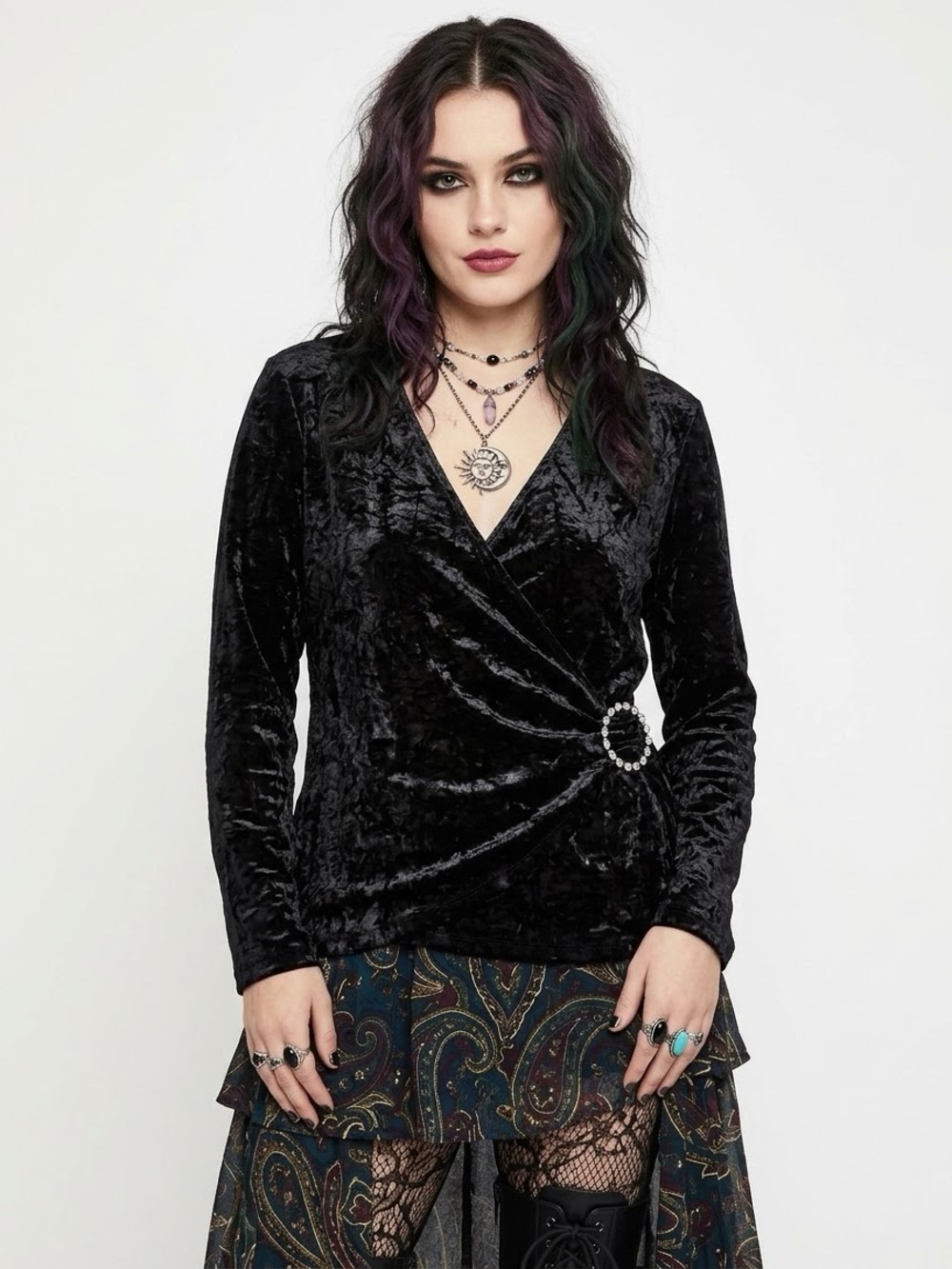 Y2K Whimsigoth Black Velvet Wrap Top Witchy Bling Baddie V-Neck Fairycore Bratz